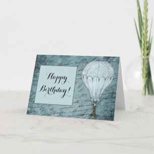 Steampunk Hot Air Balloon Dusk Blue Handwriting Card