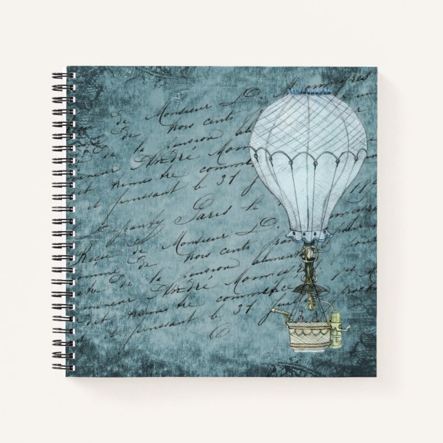 Steampunk Hot Air Balloon Dusk Blue Handwriting Notebook (Front)