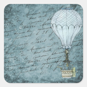 Steampunk Hot Air Balloon Dusk Blue Handwriting Square Sticker