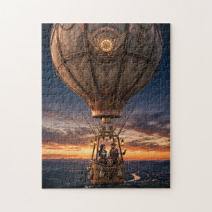 Steampunk Hot air balloon ride at dusk over river Jigsaw Puzzle