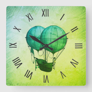 Steampunk Hot Air Balloons with Ship Green Square Wall Clock