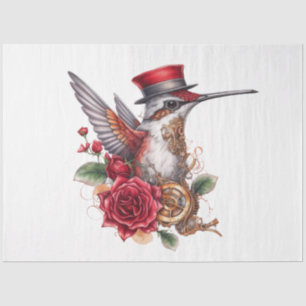 Steampunk Hummingbird with Red Hat and Clockwork Tissue Paper