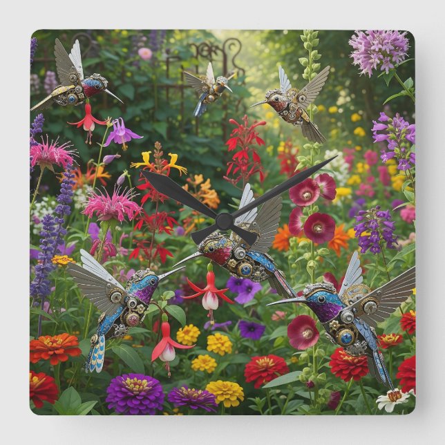 Steampunk Hummingbirds Square Wall Clock (Front)