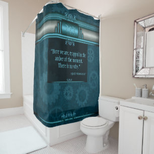 Steampunk, ice-blue on teal gearwheels, Monogram Shower Curtain