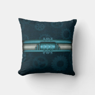 Steampunk, ice-blue on teal geers with Monogram Cushion