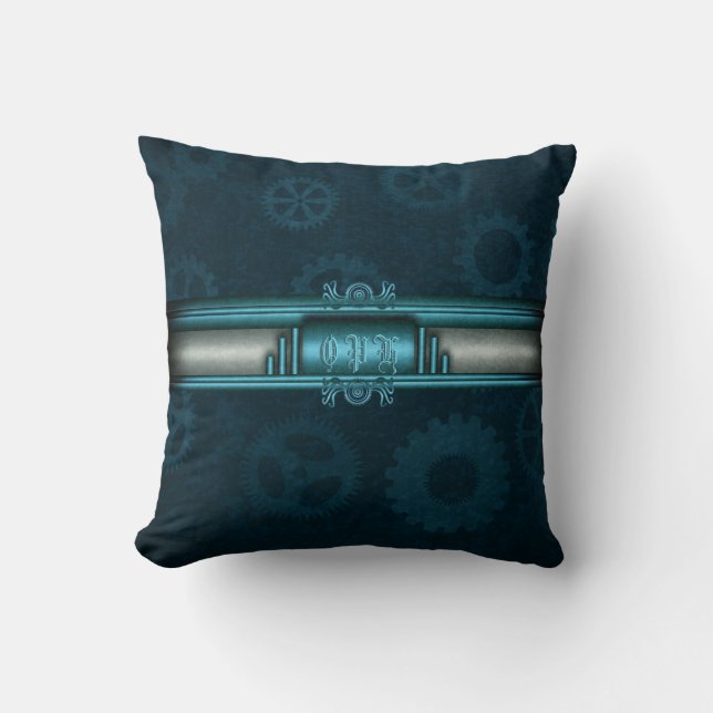 Steampunk, ice-blue on teal geers with Monogram Cushion (Front)