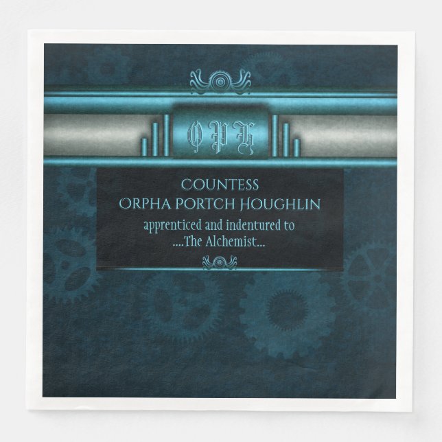 Steampunk, ice-blue on teal sprockets, Monogram Napkin (Front)