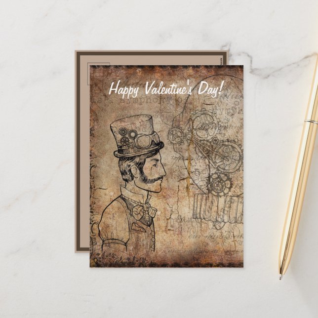 Steampunk Inventor Goggles Happy Valentine's Day Holiday Postcard (Front/Back In Situ)
