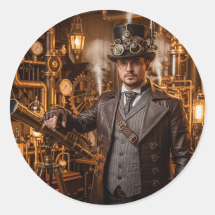 Steampunk Inventor in Workshop Classic Round Sticker