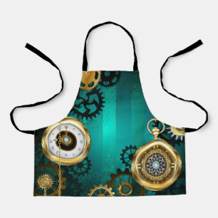 Steampunk Jewellery Watch on a Green Background Apron