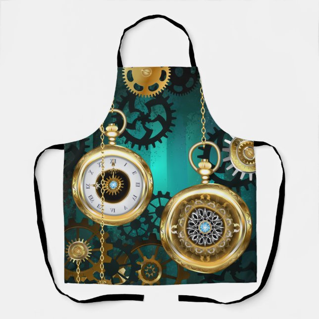 Steampunk Jewellery Watch on a Green Background Apron (Front)