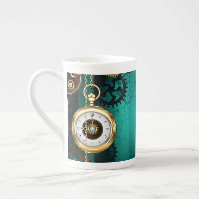 Steampunk Jewellery Watch on a Green Background Bone China Mug (Left)
