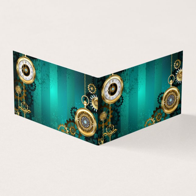 Steampunk Jewellery Watch on a Green Background Business Card (Outside)