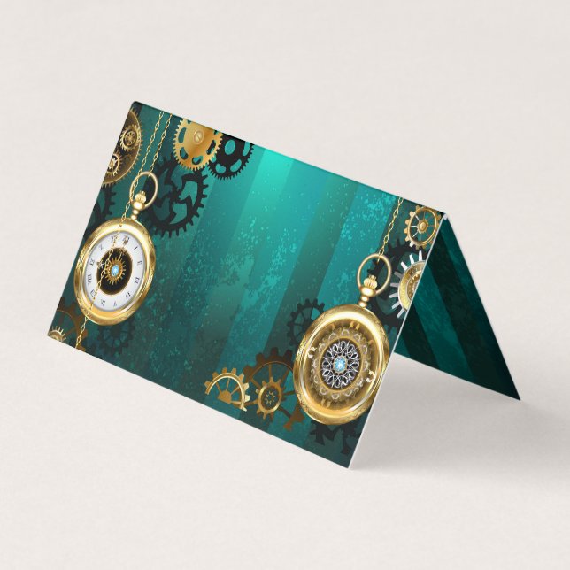 Steampunk Jewellery Watch on a Green Background Business Card (Front)
