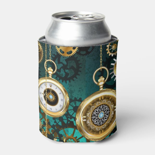 Steampunk Jewellery Watch on a Green Background Can Cooler (Can Front)