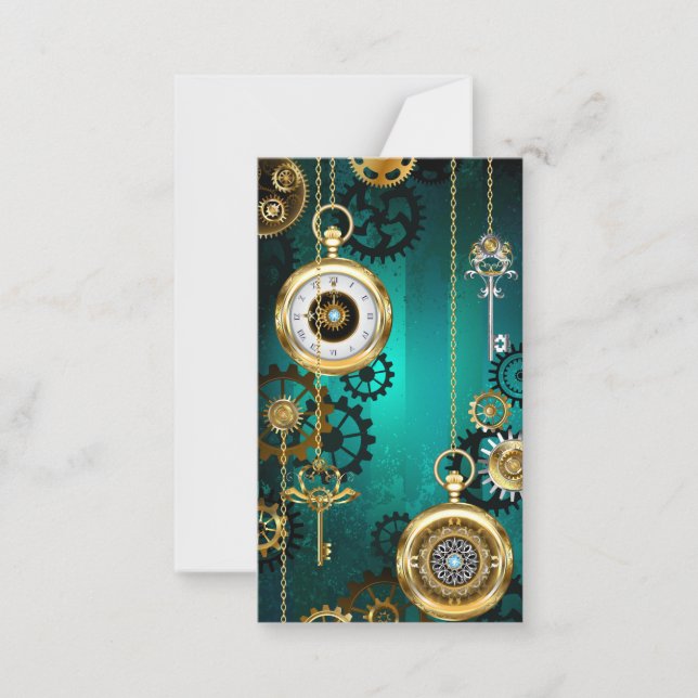 Steampunk Jewellery Watch on a Green Background Card (Front)