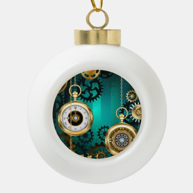 Steampunk Jewellery Watch on a Green Background Ceramic Ball Christmas Ornament (Front)