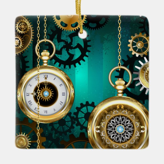 Steampunk Jewellery Watch on a Green Background Ceramic Ornament (Front)