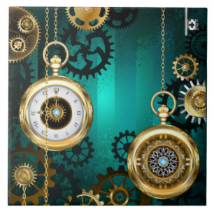 Steampunk Jewellery Watch on a Green Background Ceramic Tile