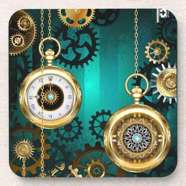 Steampunk Jewellery Watch on a Green Background Coaster (Front)