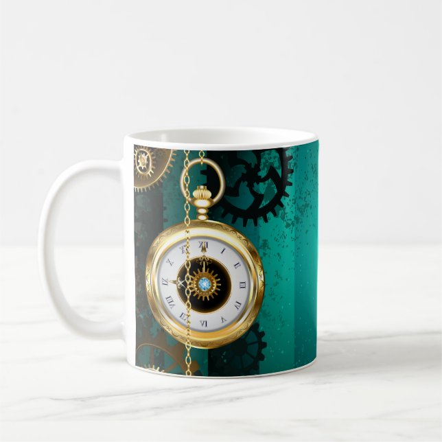 Steampunk Jewellery Watch on a Green Background Coffee Mug (Left)