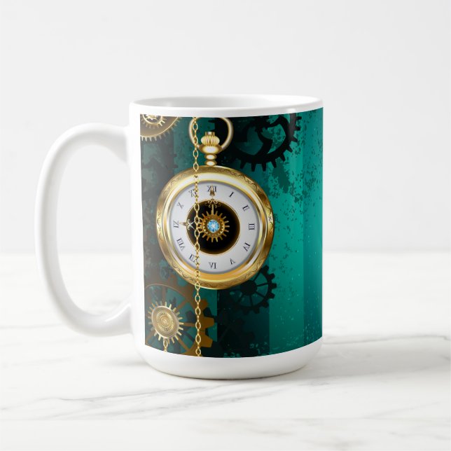 Steampunk Jewellery Watch on a Green Background Coffee Mug (Left)