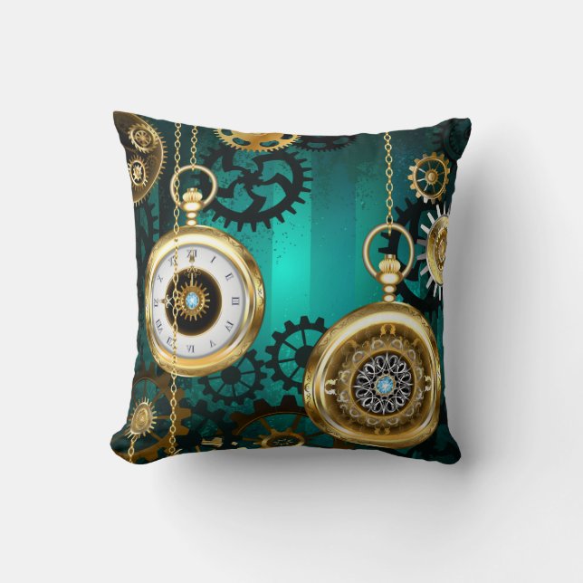 Steampunk Jewellery Watch on a Green Background Cushion (Front)