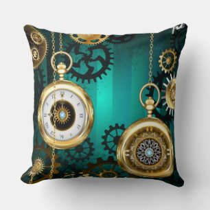 Steampunk Jewellery Watch on a Green Background Cushion
