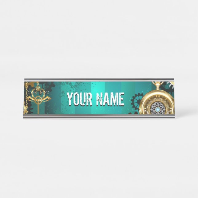 Steampunk Jewellery Watch on a Green Background Desk Name Plate (Front)