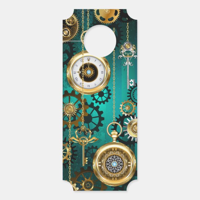 Steampunk Jewellery Watch on a Green Background Door Hanger (Front)
