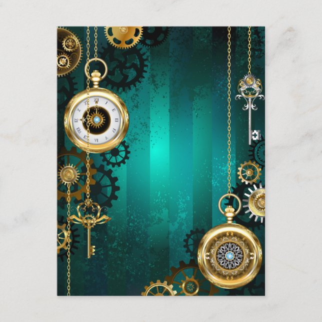 Steampunk Jewellery Watch on a Green Background Enclosure Card (Front)