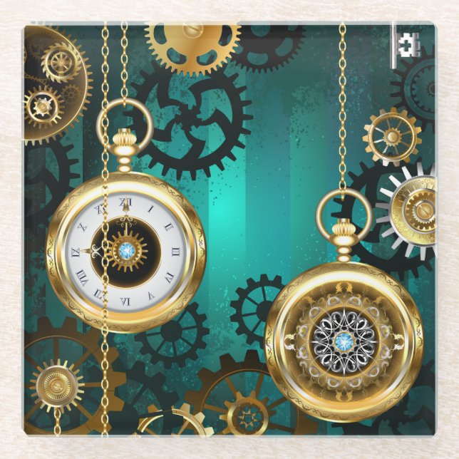 Steampunk Jewellery Watch on a Green Background Glass Coaster (Front)