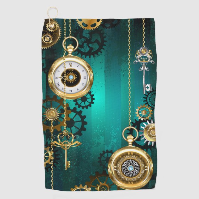 Steampunk Jewellery Watch on a Green Background Golf Towel (Front)