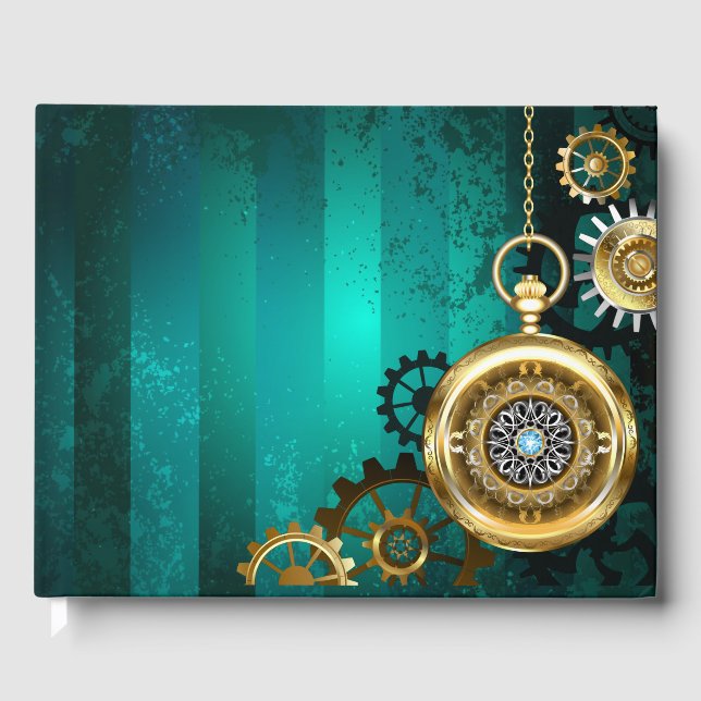 Steampunk Jewellery Watch on a Green Background Guest Book (Front)