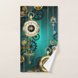 Steampunk Jewellery Watch on a Green Background Hand Towel
