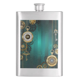 Steampunk Jewellery Watch on a Green Background Hip Flask