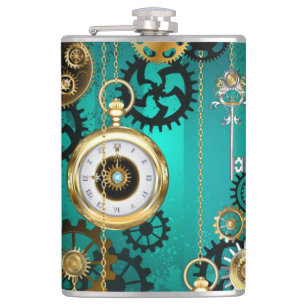 Steampunk Jewellery Watch on a Green Background Hip Flask