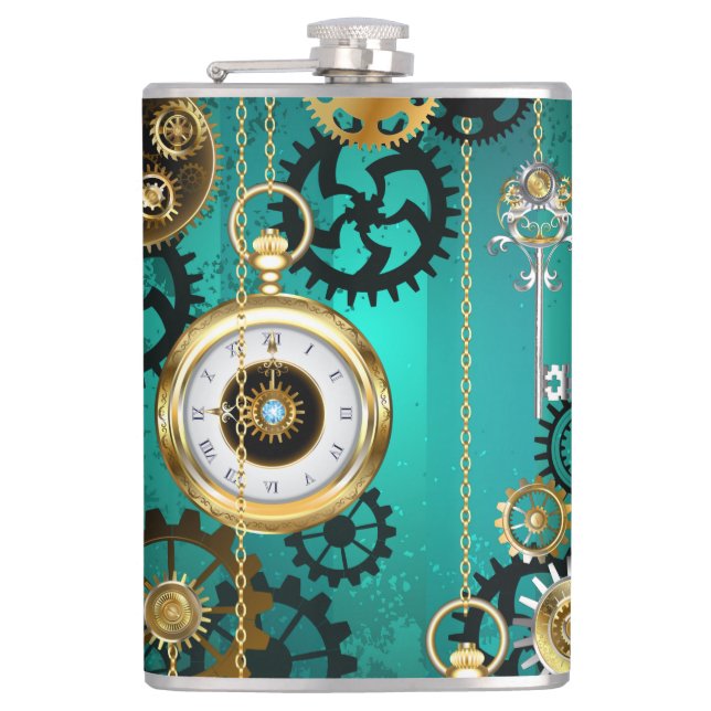 Steampunk Jewellery Watch on a Green Background Hip Flask (Front)