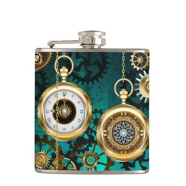 Steampunk Jewellery Watch on a Green Background Hip Flask (Front)
