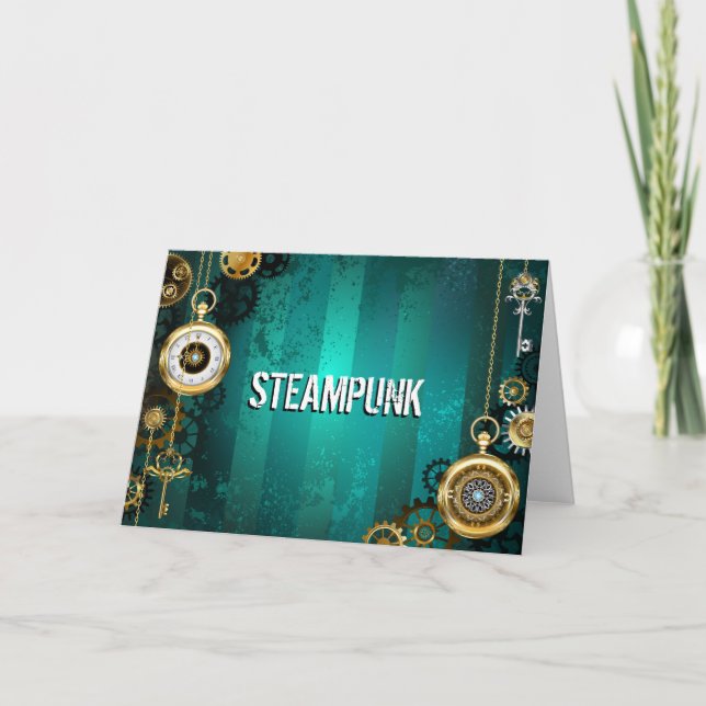 Steampunk Jewellery Watch on a Green Background Holiday Card (Front)