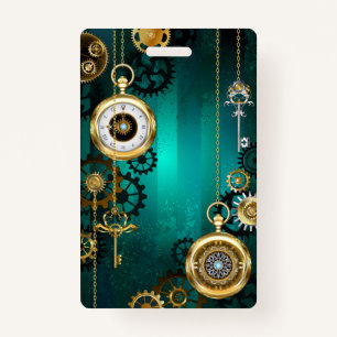 Steampunk Jewellery Watch on a Green Background ID Badge