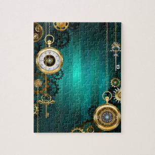 Steampunk Jewellery Watch on a Green Background Jigsaw Puzzle