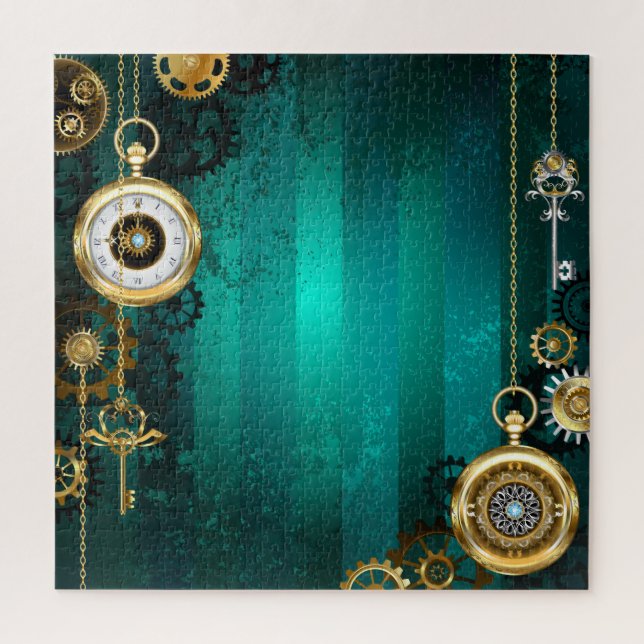 Steampunk Jewellery Watch on a Green Background Jigsaw Puzzle (Vertical)