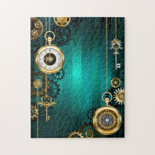 Steampunk Jewellery Watch on a Green Background Jigsaw Puzzle (Vertical)