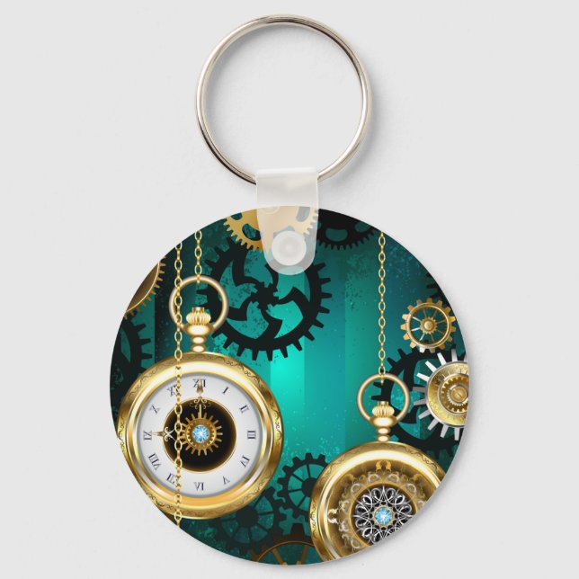 Steampunk Jewellery Watch on a Green Background Key Ring (Front)