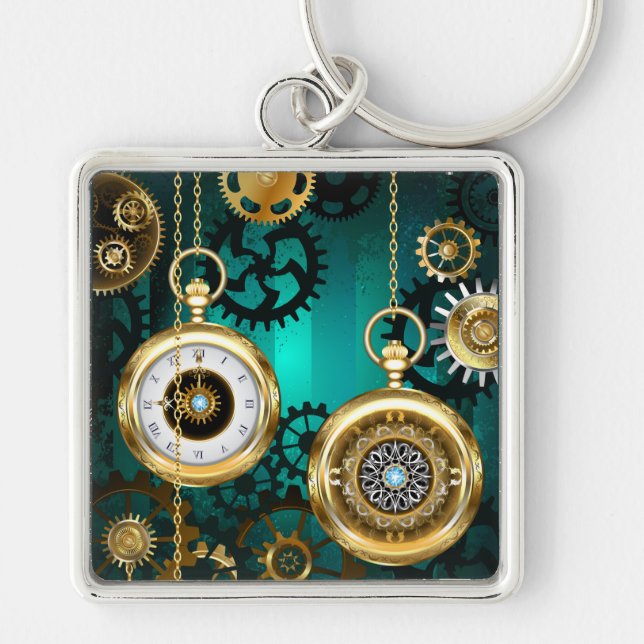 Steampunk Jewellery Watch on a Green Background Key Ring (Front)