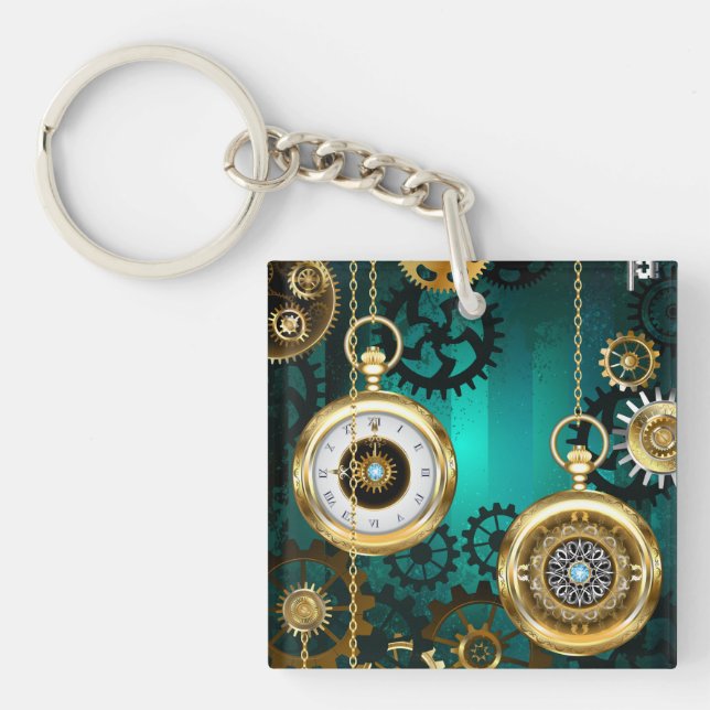 Steampunk Jewellery Watch on a Green Background Key Ring (Front)