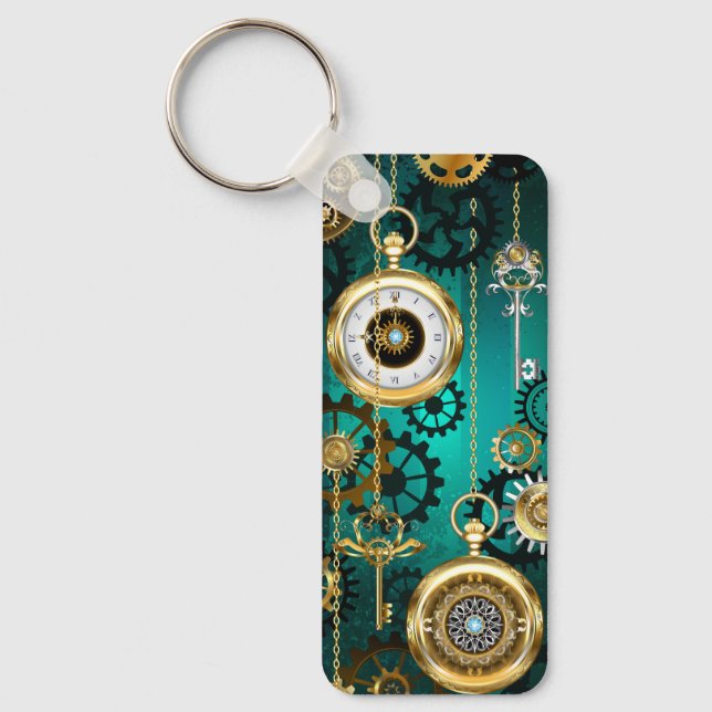 Steampunk Jewellery Watch on a Green Background Key Ring (Front)