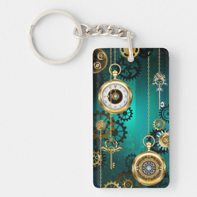 Steampunk Jewellery Watch on a Green Background Key Ring (Front)