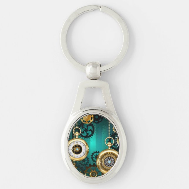 Steampunk Jewellery Watch on a Green Background Key Ring (Front)